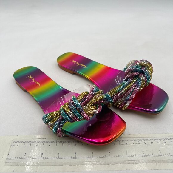 XYD Rainbow Multi Glitter Shiny Rhinestone Straps Slide Sandals Open Toe Flat - Picture 4 of 8